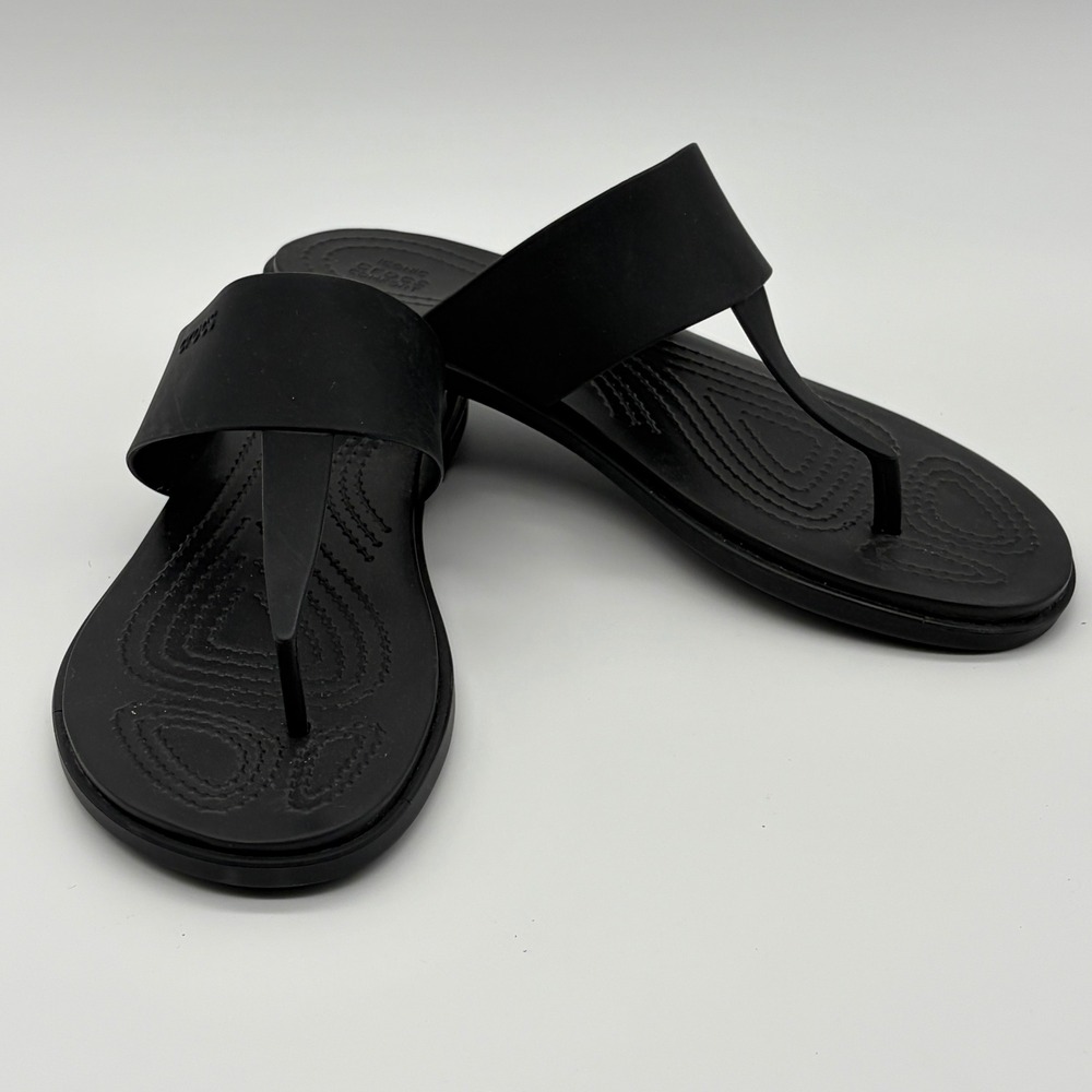 Crocs Serena Flip Black T-Strap Sandals Womens 7 Minimalist Summer Beach Shoes